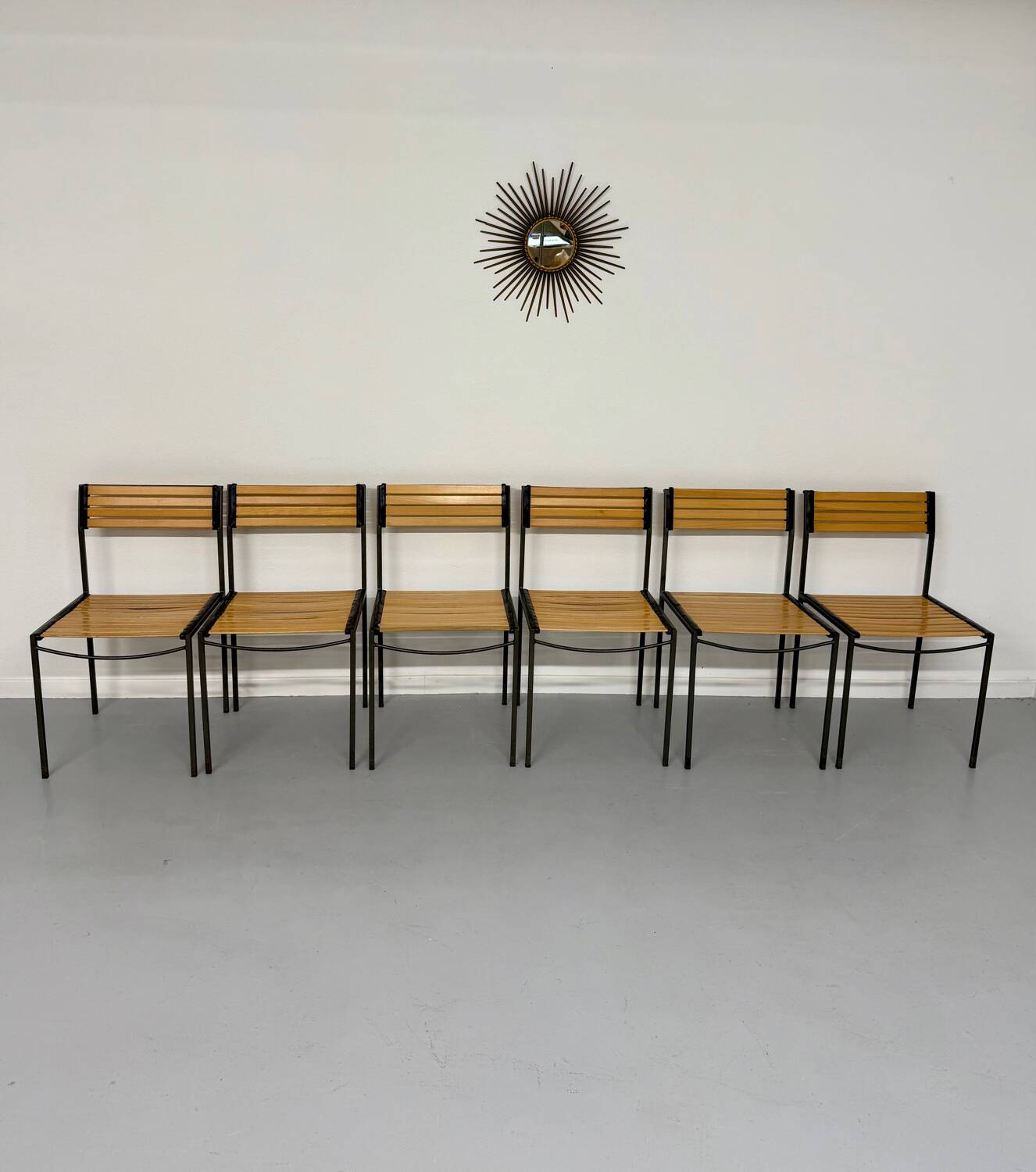 6 old metal and wood chairs, Italian design from the 80s, vintage