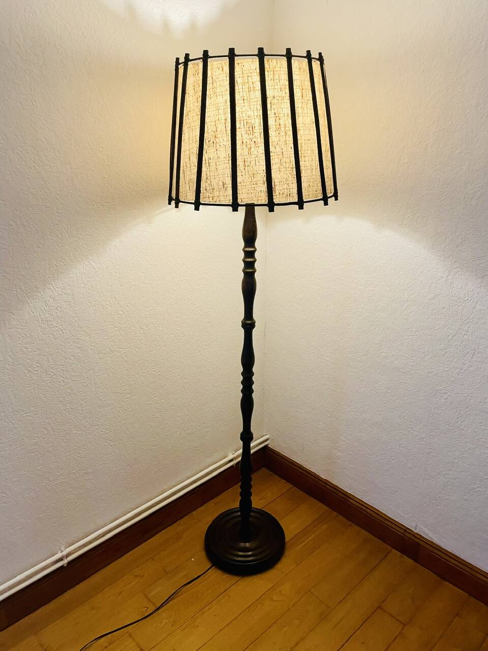 Vintage Floor Lamp Turned Wood, Bamboo Rattan Circa 1950s
