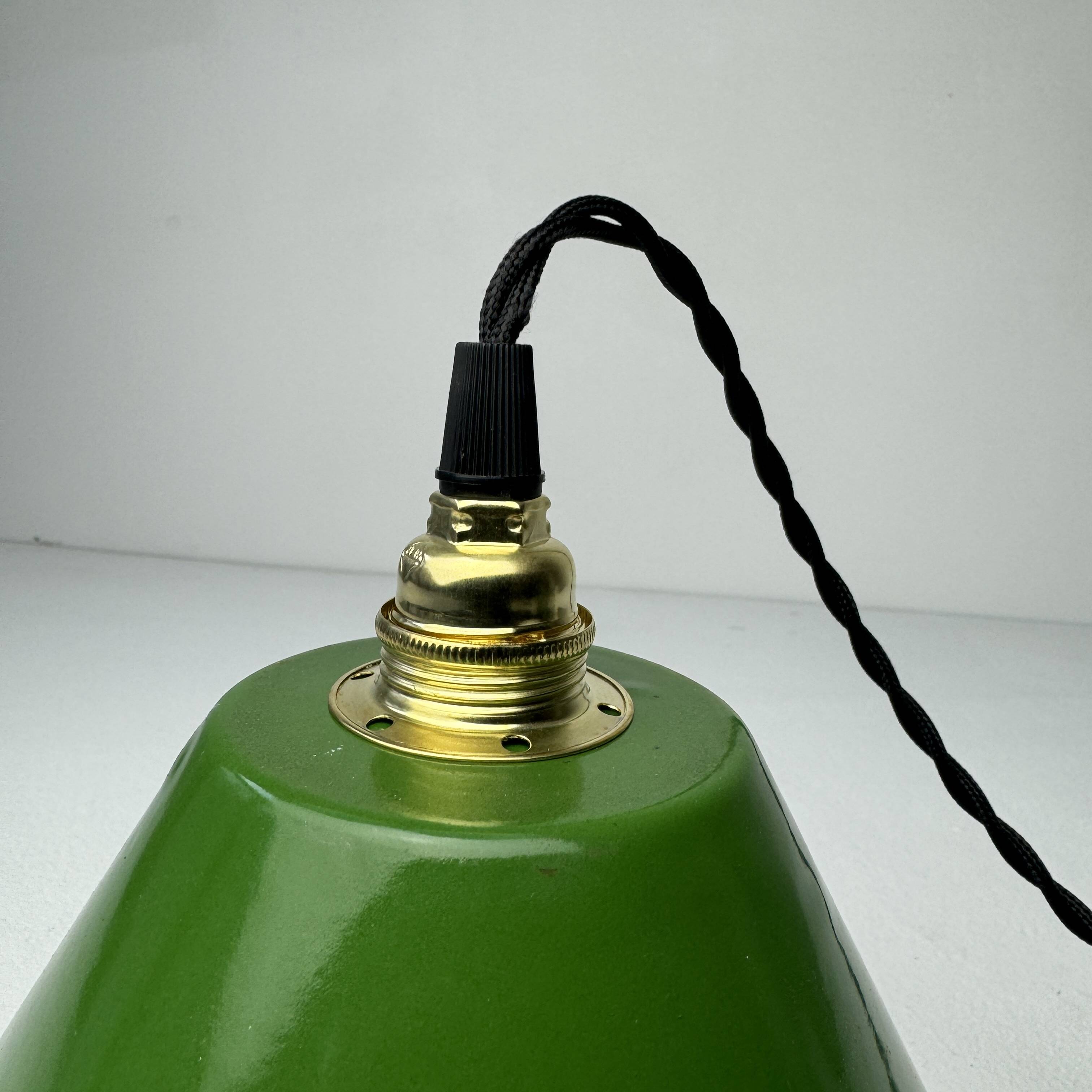 Set of 3 enamelled conical industrial pendants