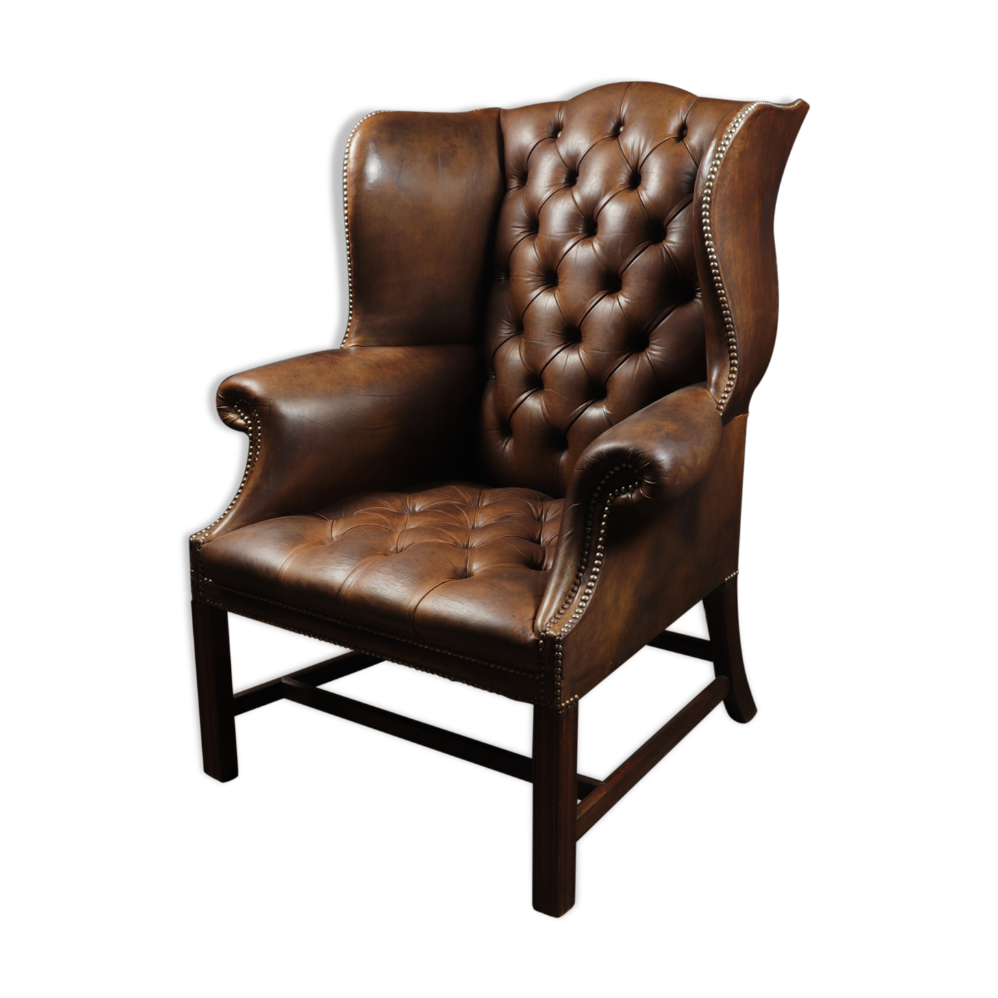 Georgian Style Brown Buttoned Leather Wing Chair
