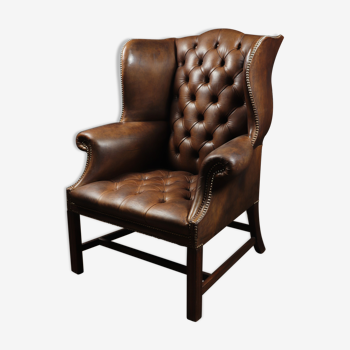 Georgian Style Brown Buttoned Leather Wing Chair