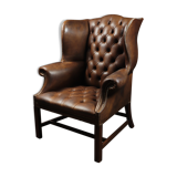 Georgian Style Brown Buttoned Leather Wing Chair