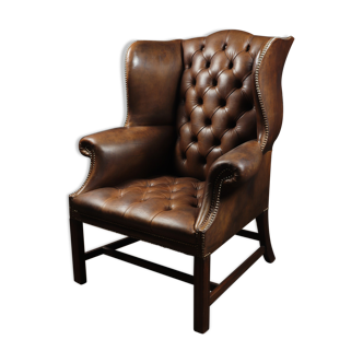 Georgian Style Brown Buttoned Leather Wing Chair