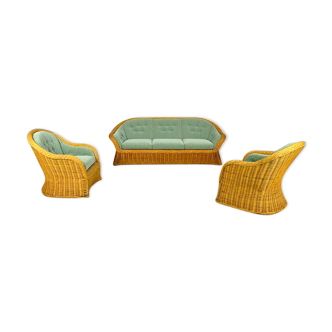 Salon rotin vintage: 1 canapé 3 places & 2 fauteuils