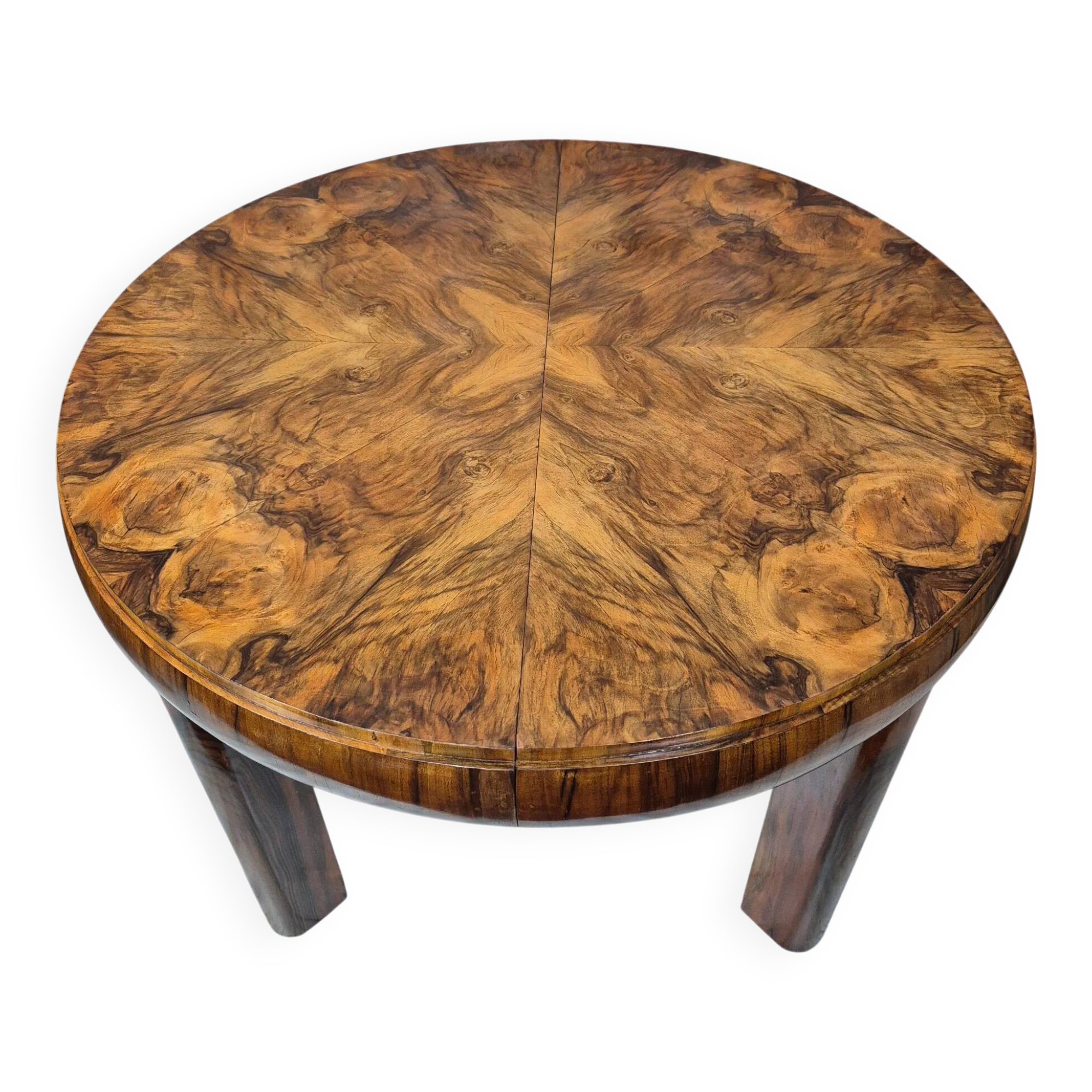 Restored Art Deco Walnut Burl Sunburst Extending Dining Table 1930s