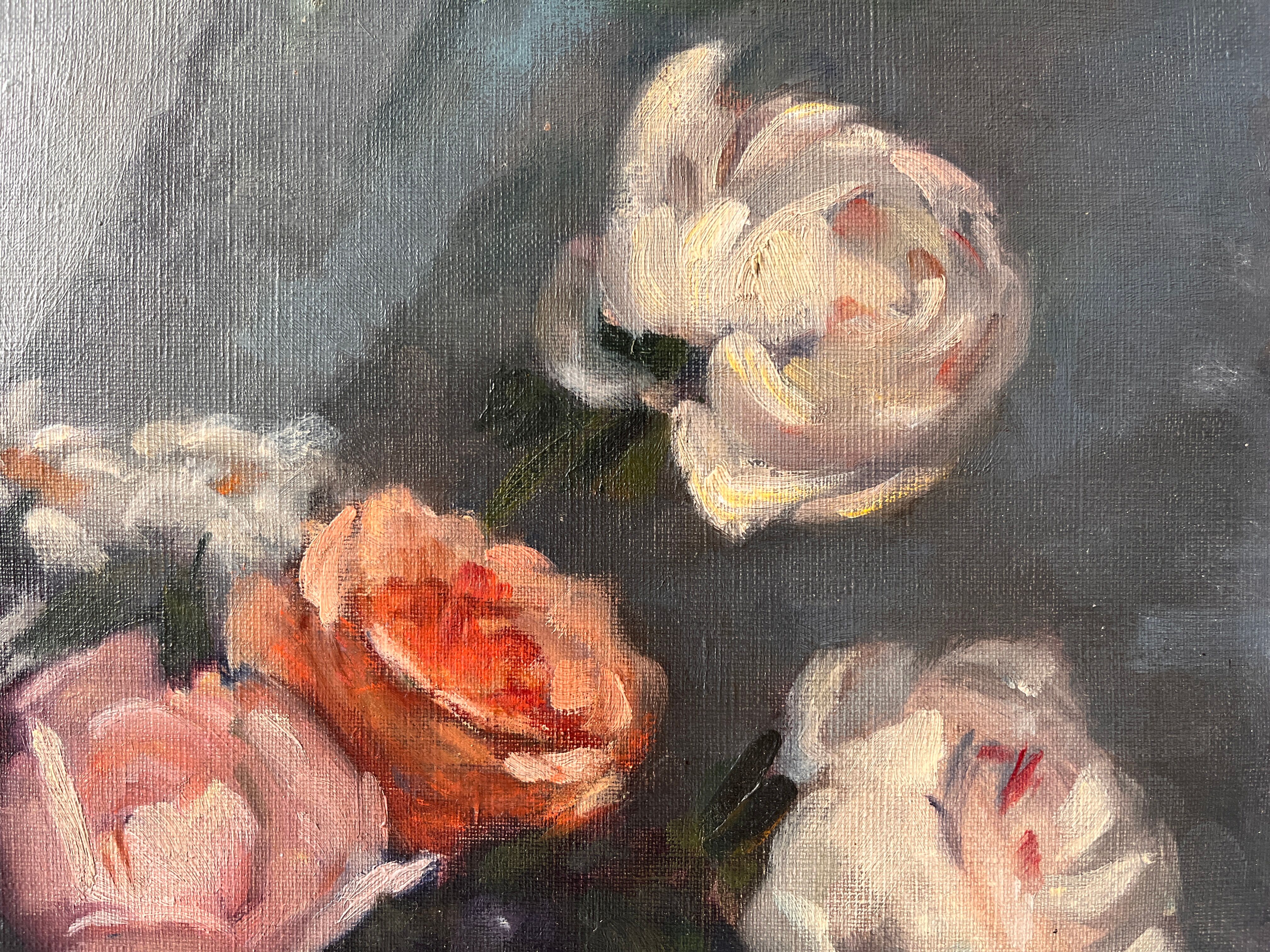 Nature morte à l'huile sur toile "le bouquet de roses" 1930, tableau ancien