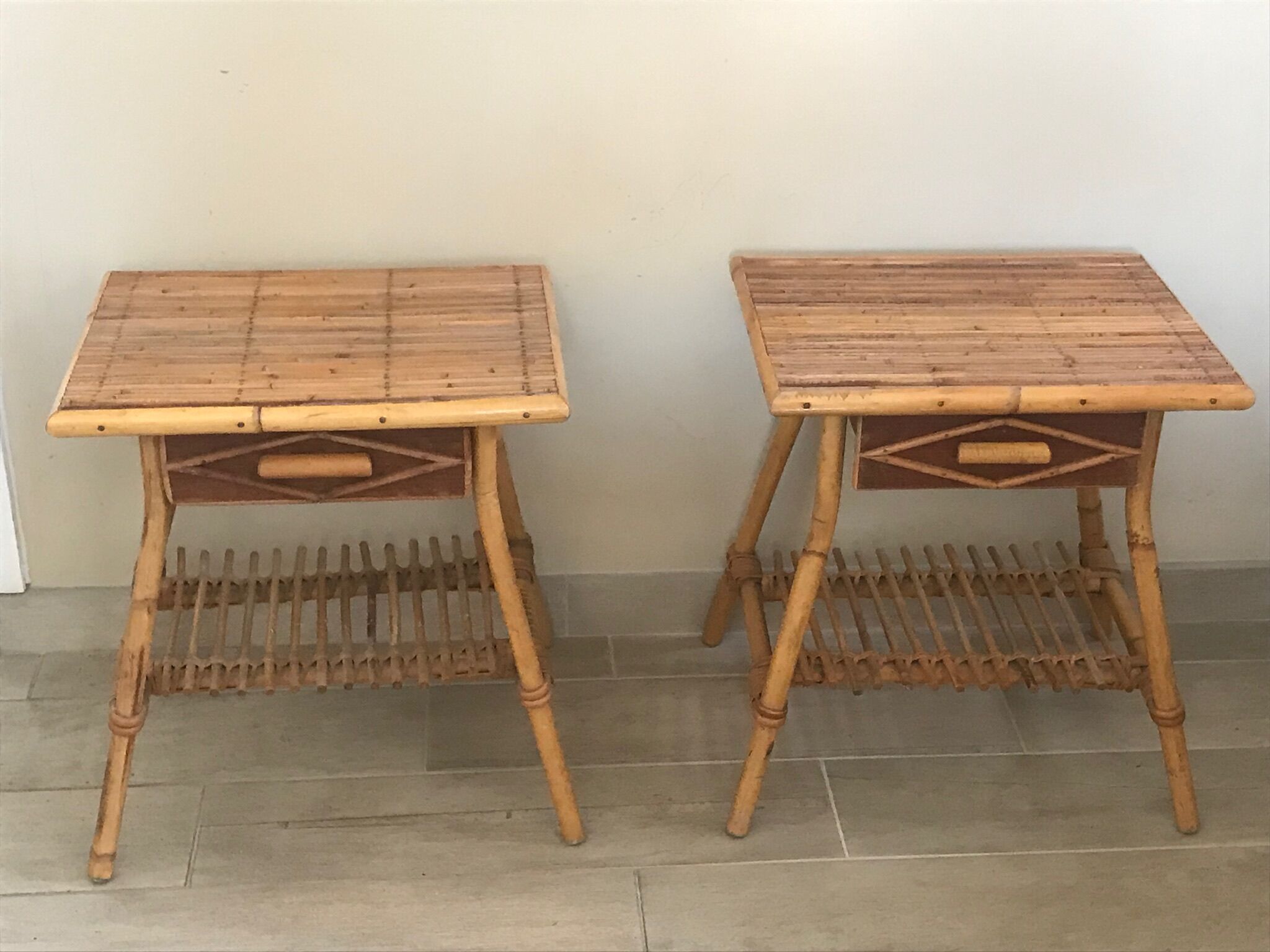 Pair of vintage rattan bedside tables 60 years