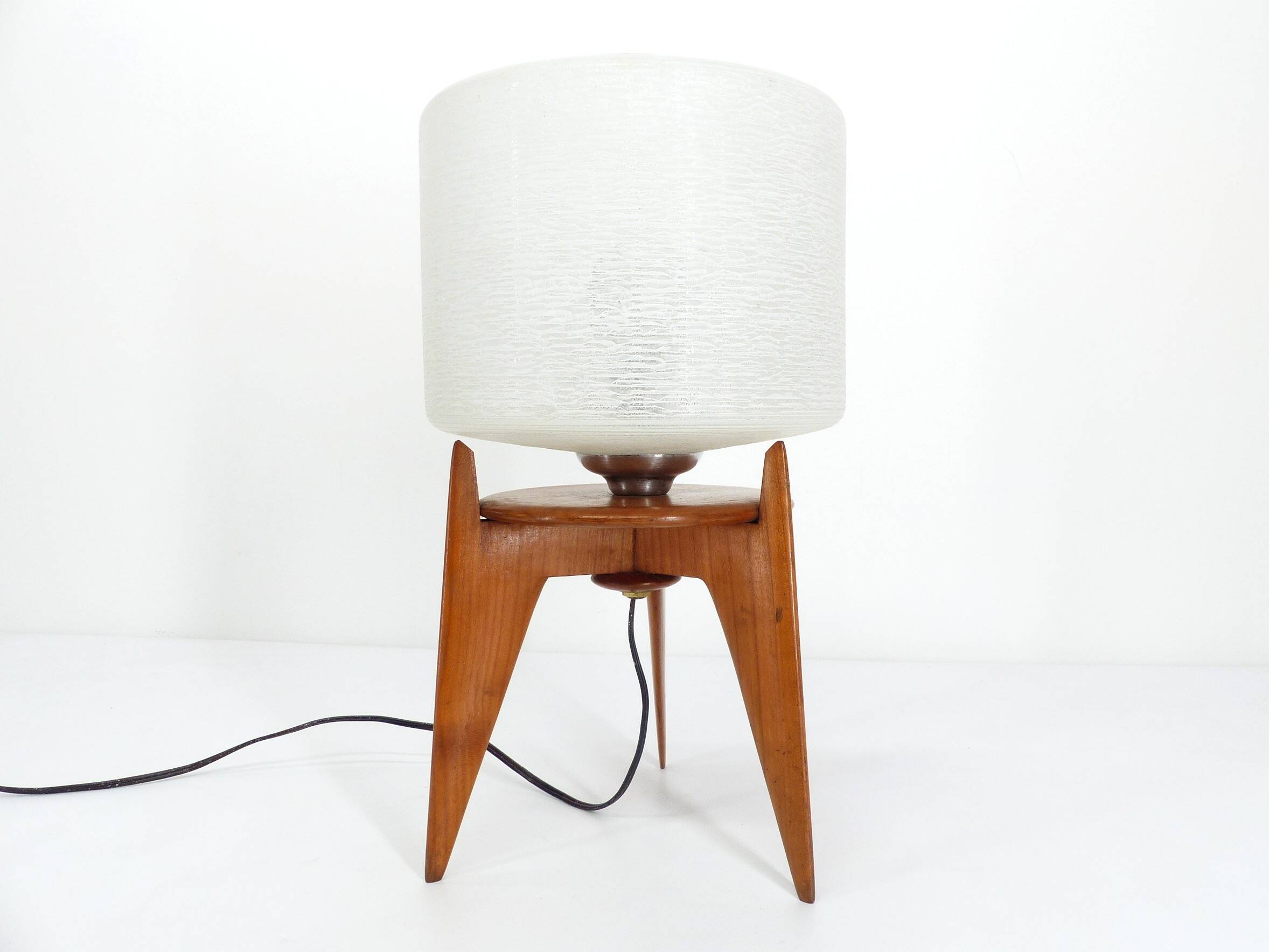 Vintage tripod table lamp wood and glass 1950 France