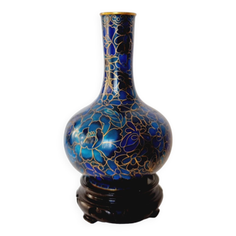 Small blue cloisonné style vase with ebony wood base