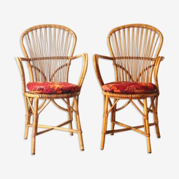Ensemble de 2 chaises Audoux-Minnet en rotin années 60