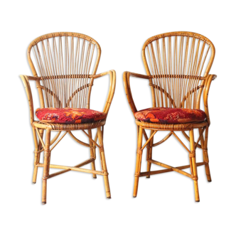 Set of 2 Audoux-Minnet chairs in rattan 60s