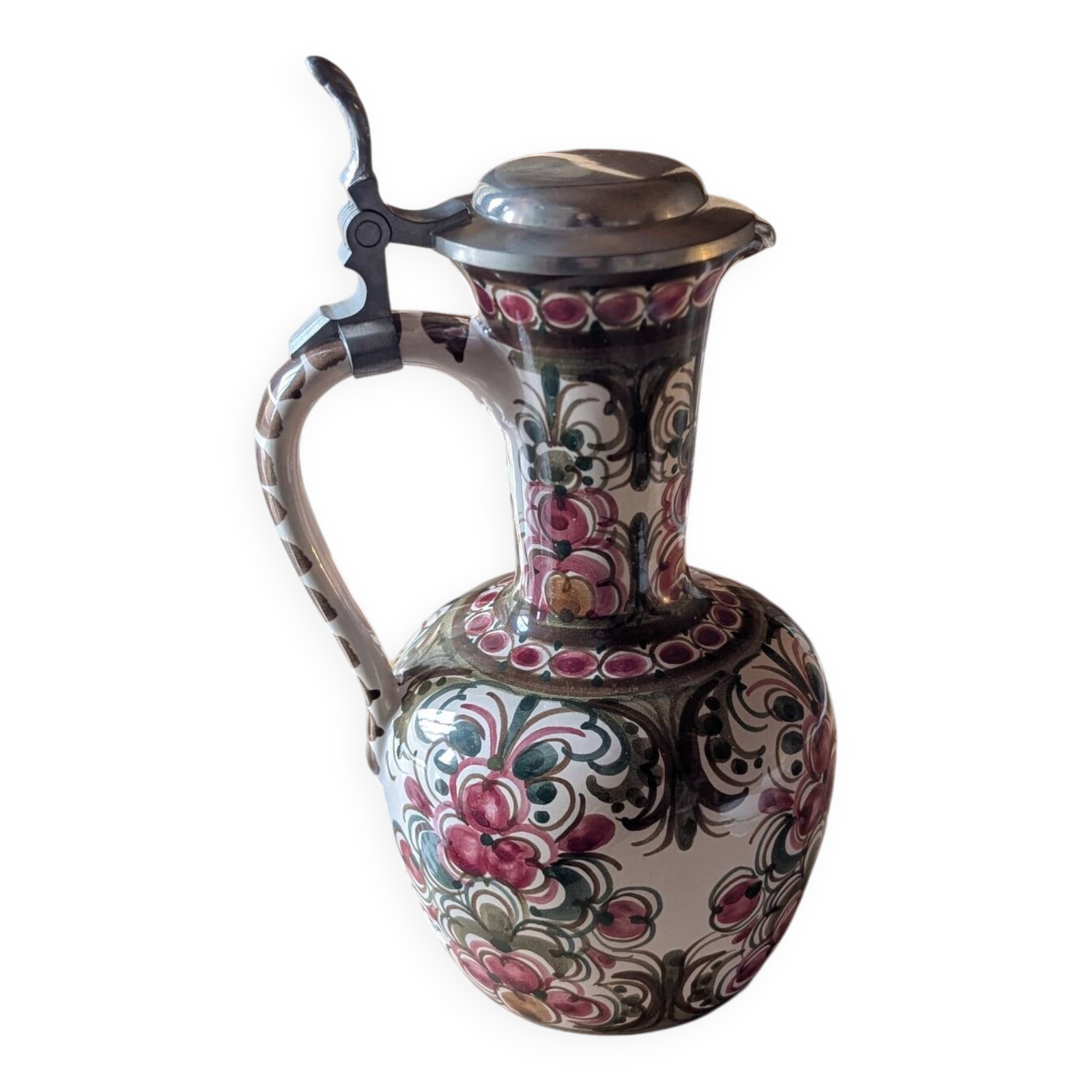 Antique hand-painted earthenware pitcher – Red and green floral decoration
