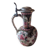 Antique hand-painted earthenware pitcher – Red and green floral decoration