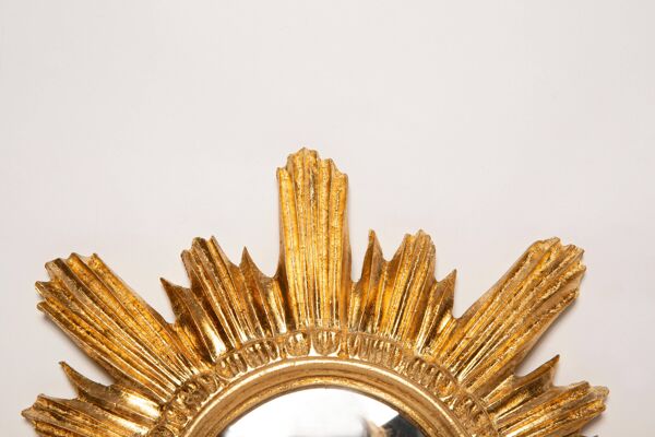 Miroir vintage soleil doré italien, bois doré, années 1960