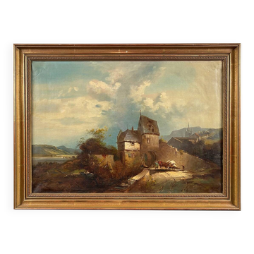 Paysage animé, huile sur toile XIXe