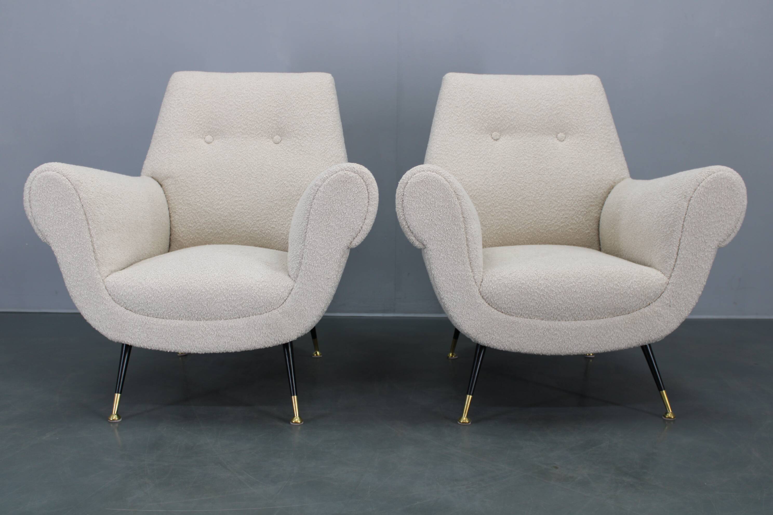 Pair of Italian mid-century boucle armchairs, iron & brass legs, 1950s