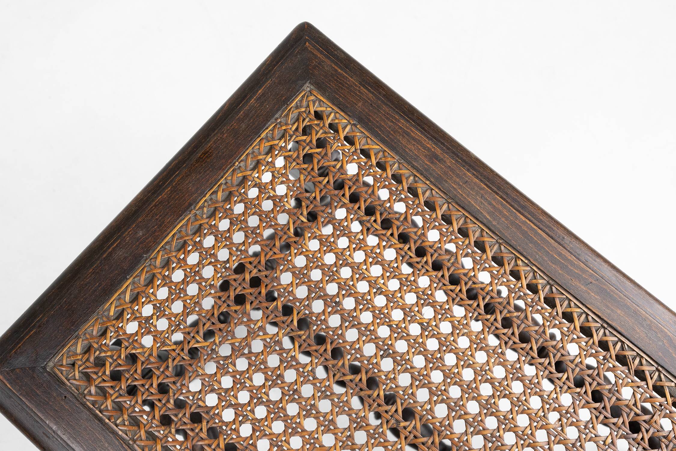 Antique French wooden stool with rattan top, ca. 1880