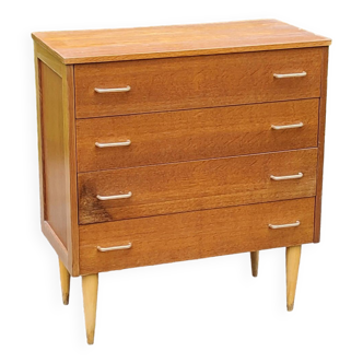 Commode vintage des années 50 en chêne blond 4 tiroirs pieds coniques