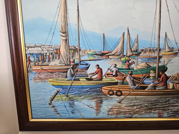 Tableau Huile sur toile Port de pêche en Afrique signé Raymond Lafaille