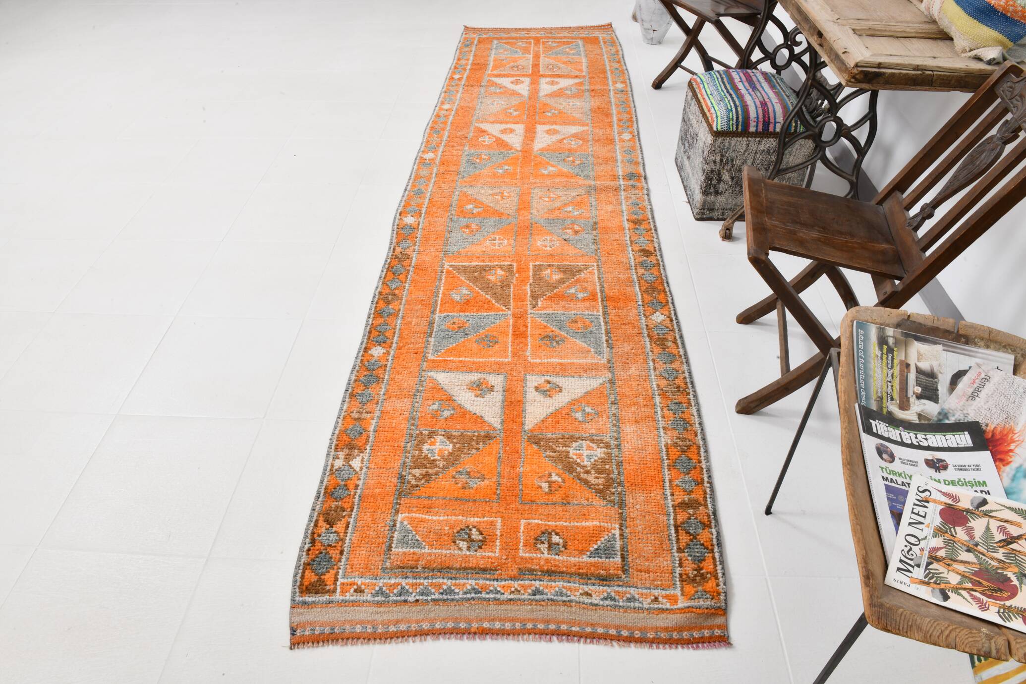 3x12 Rug For Laundry Orange Turkish Vintage Runner Rug, 95x370Cm SK 22033