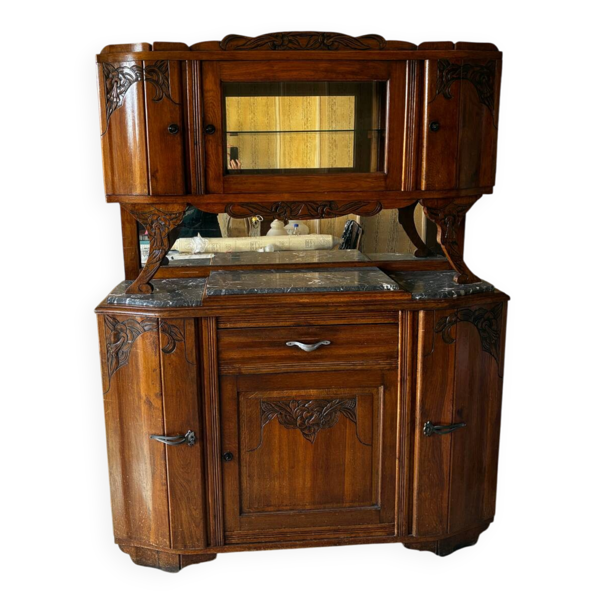 Buffet vaisselier Art déco ancien en bois massif et marbre