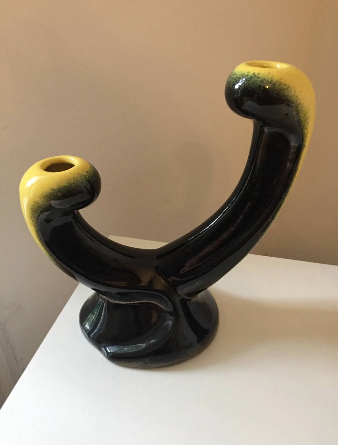 Pair of 1950s candlesticks in yellow and black ceramic in the Vallaur style