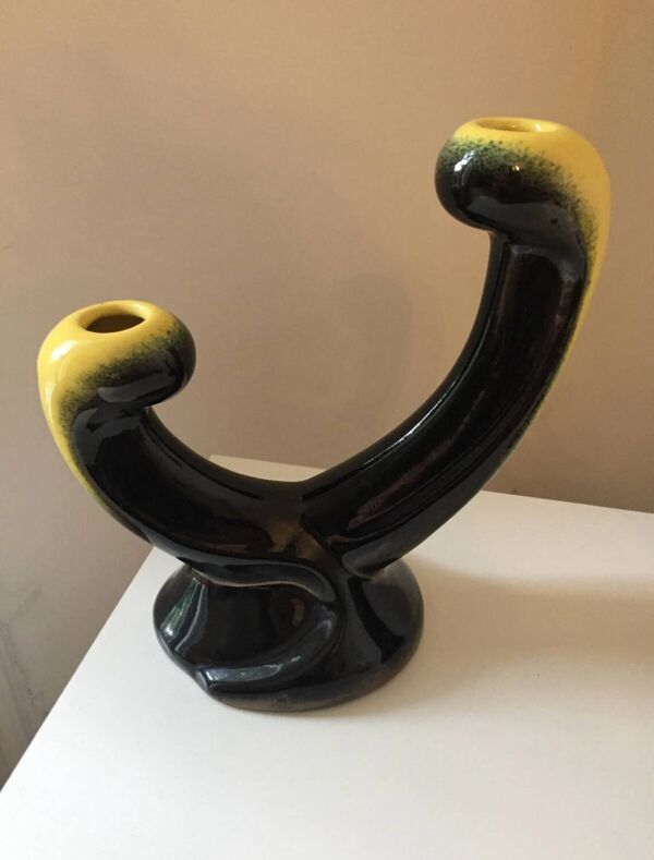 Paire de bougeoir 1950 en céramique jaune et noir dans le gout Vallaur