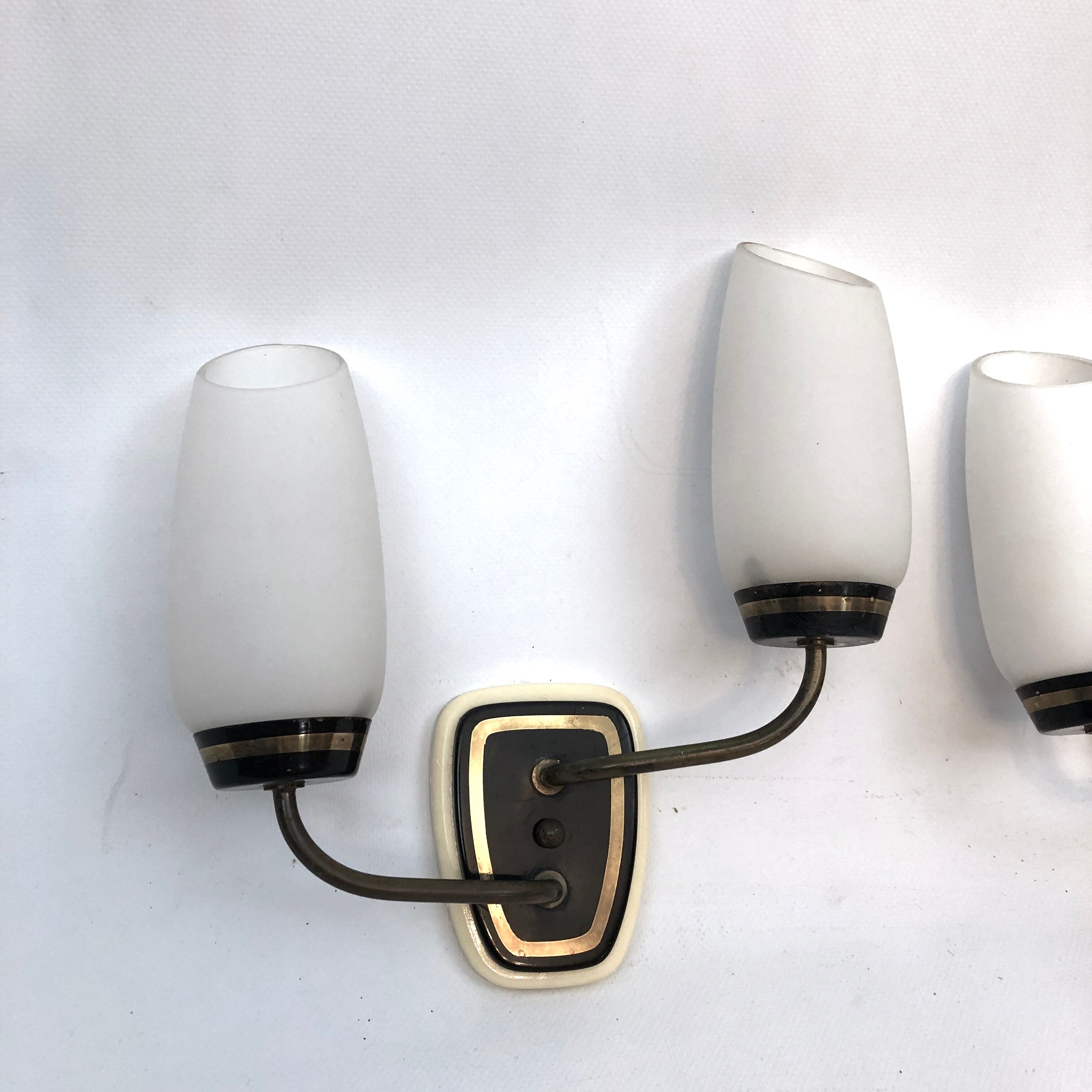 Mid-century Italian brass and opaline glass sconces. Set of two