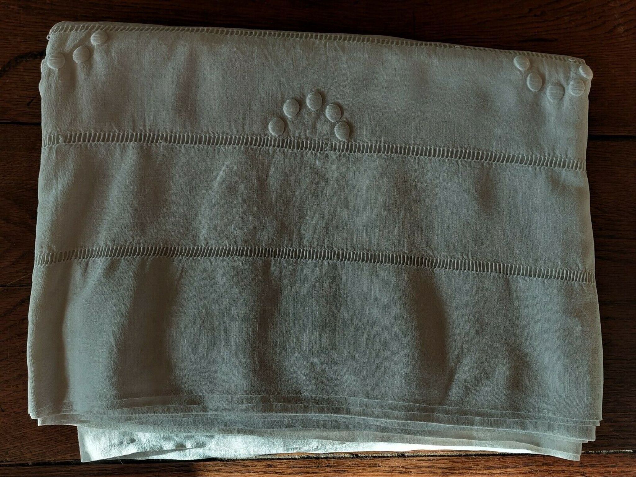 Old linen linen sheet triple row of days and embroidery peas 225 X 315 cm