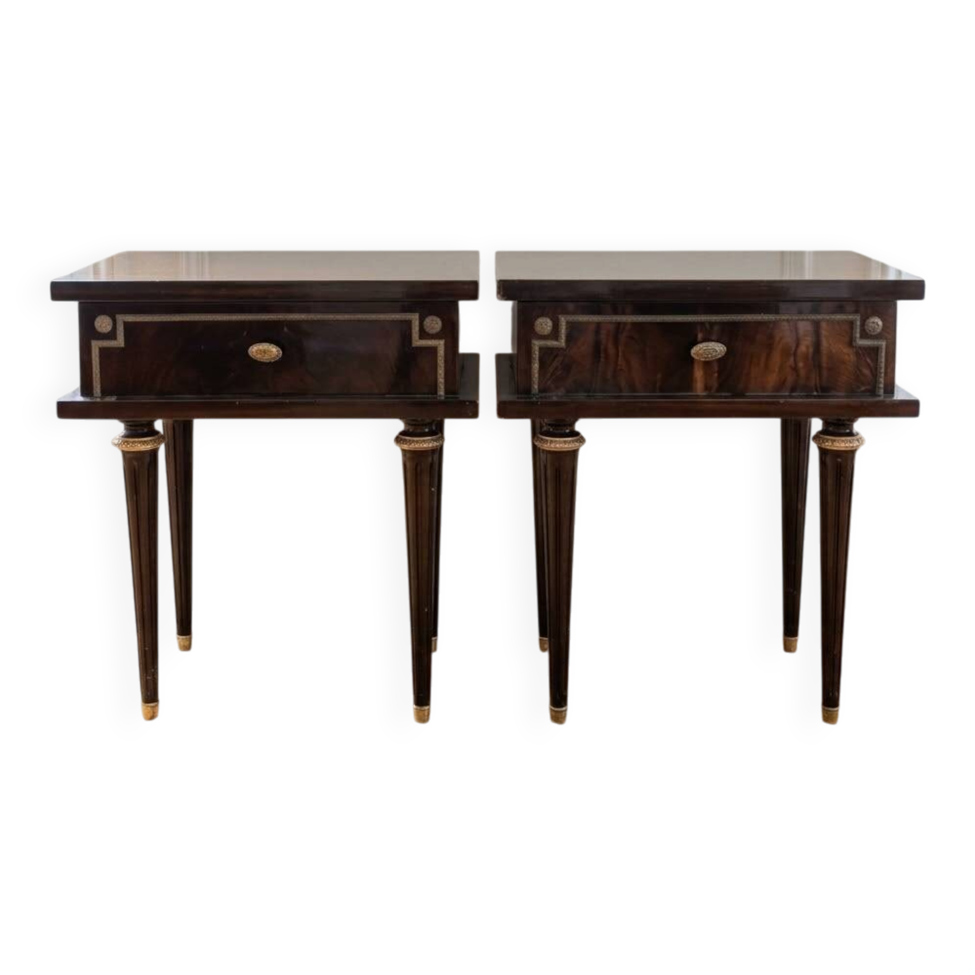 Pair of Louis XVI style bedside tables in dark wood.