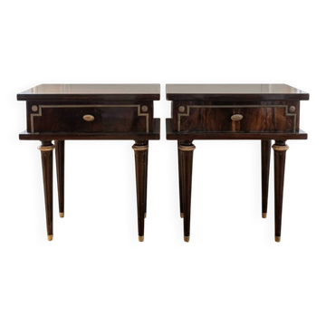 Pair of Louis XVI style bedside tables in dark wood.