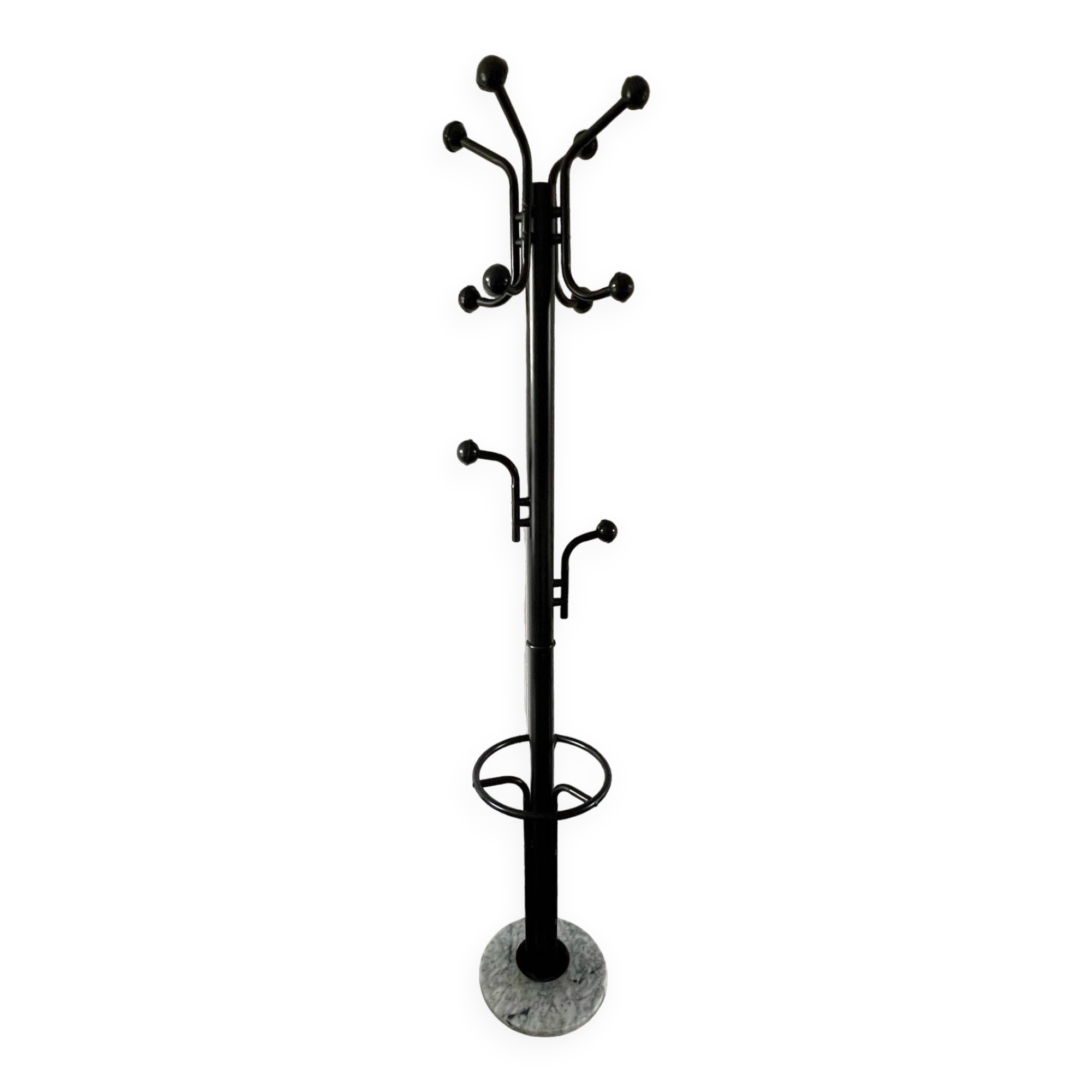 Black metal parrot coat rack on marble base