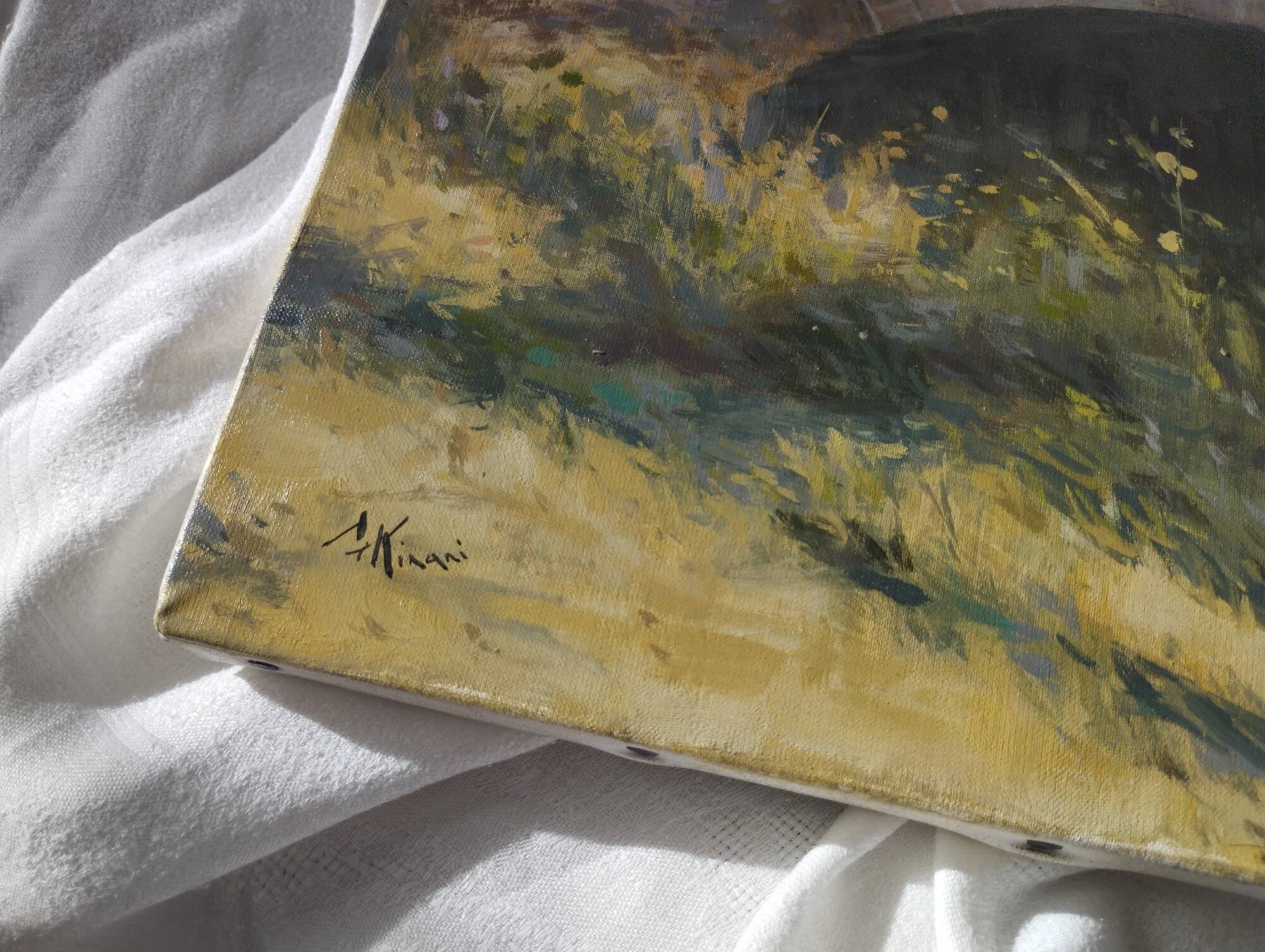 Old brick bridge in Normandy - Signed oil painting