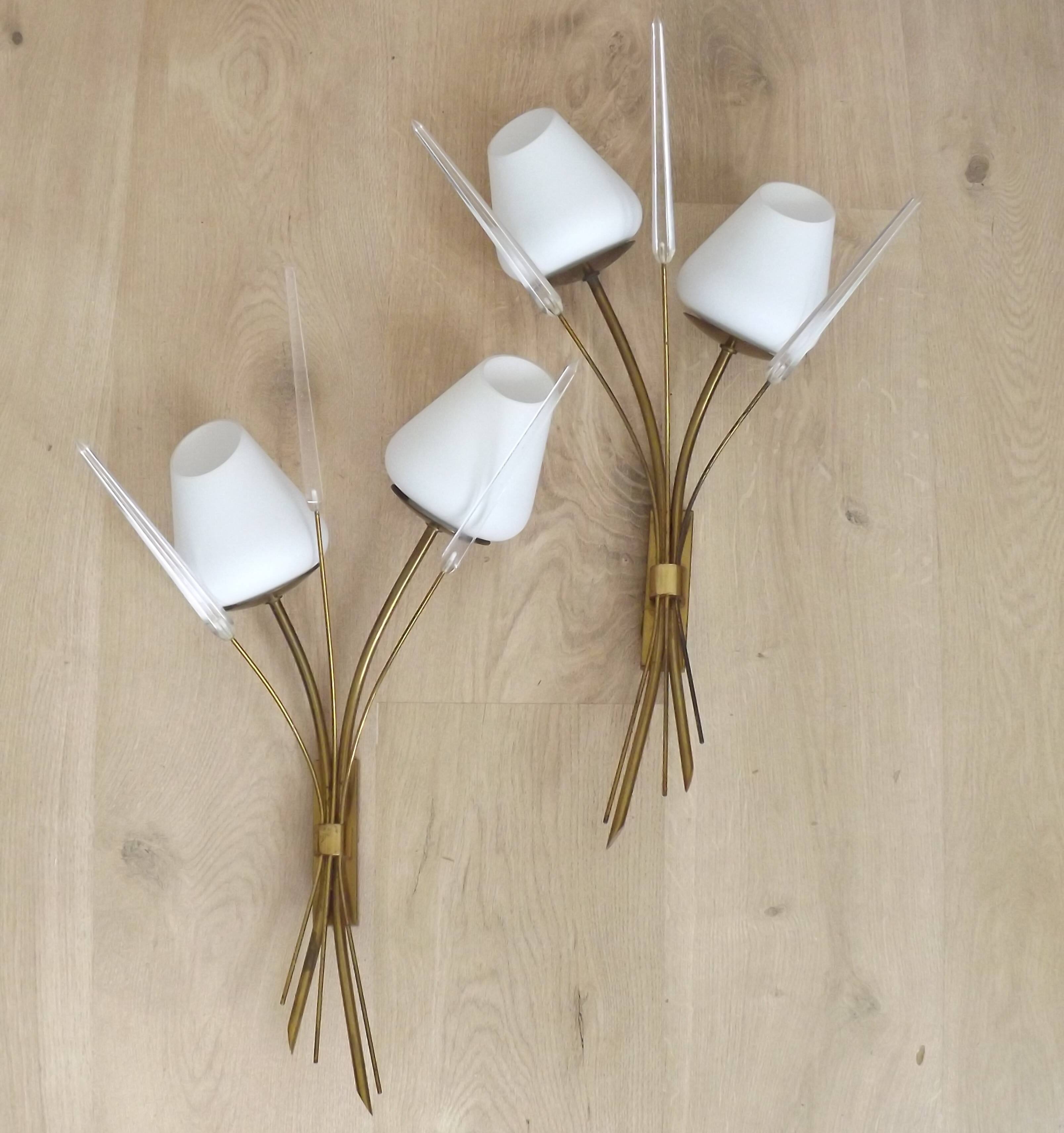 Mid-Century French Brass Sconces • Bullrush Design • Opaque Glass Shades