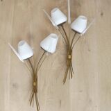 Mid-Century French Brass Sconces • Bullrush Design • Opaque Glass Shades