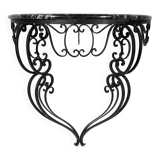 Wrought iron and black marble console, side table