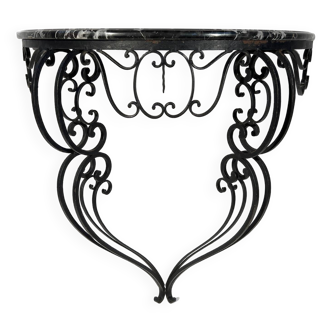 Wrought iron and black marble console, side table