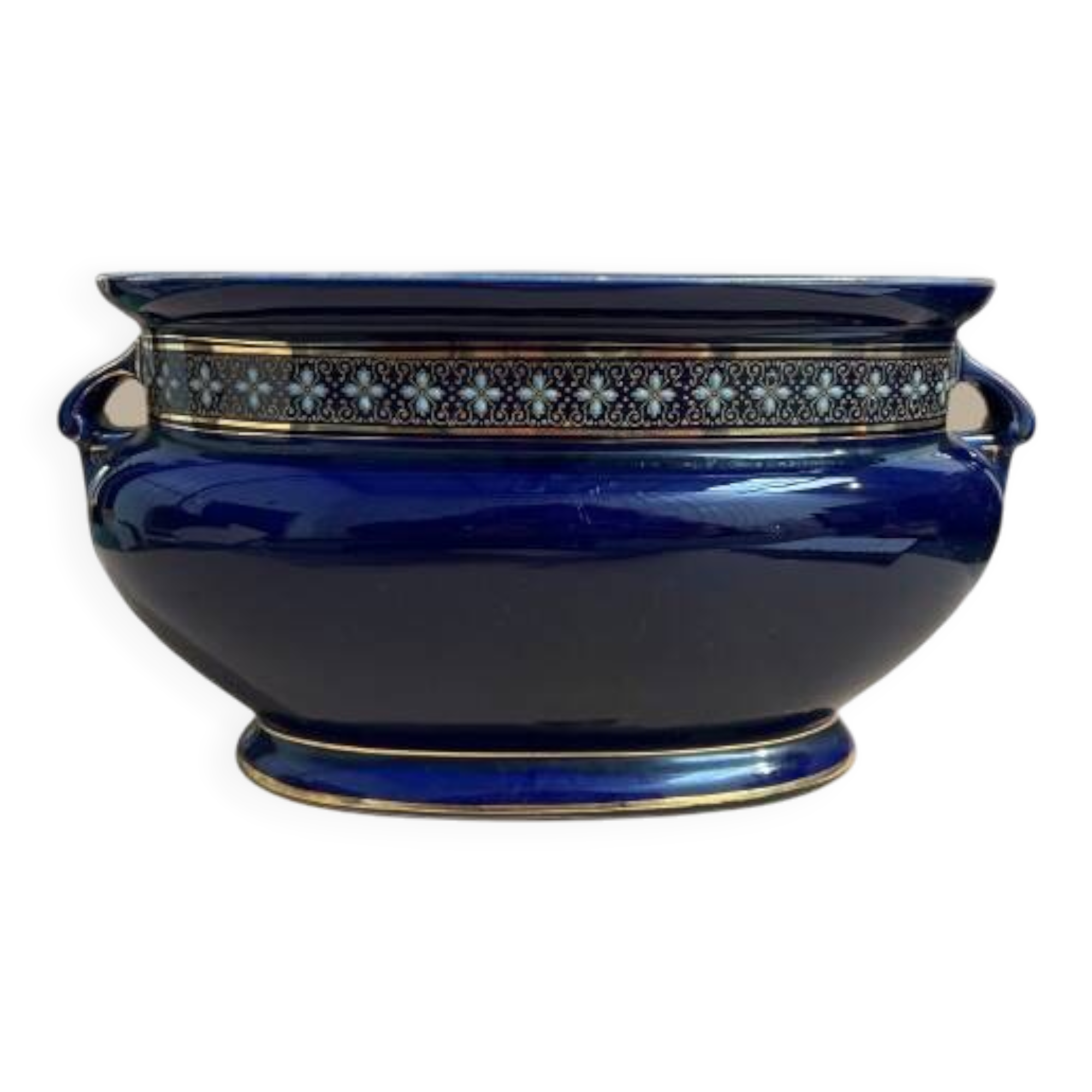 Blue earthenware planter decorated with gold motifs