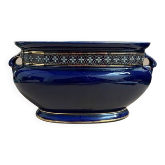 Blue earthenware planter decorated with gold motifs