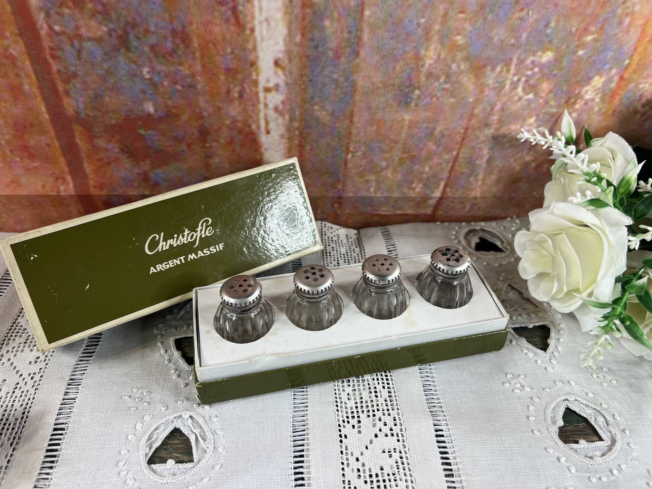 Christofle box of 4 solid silver salt pots