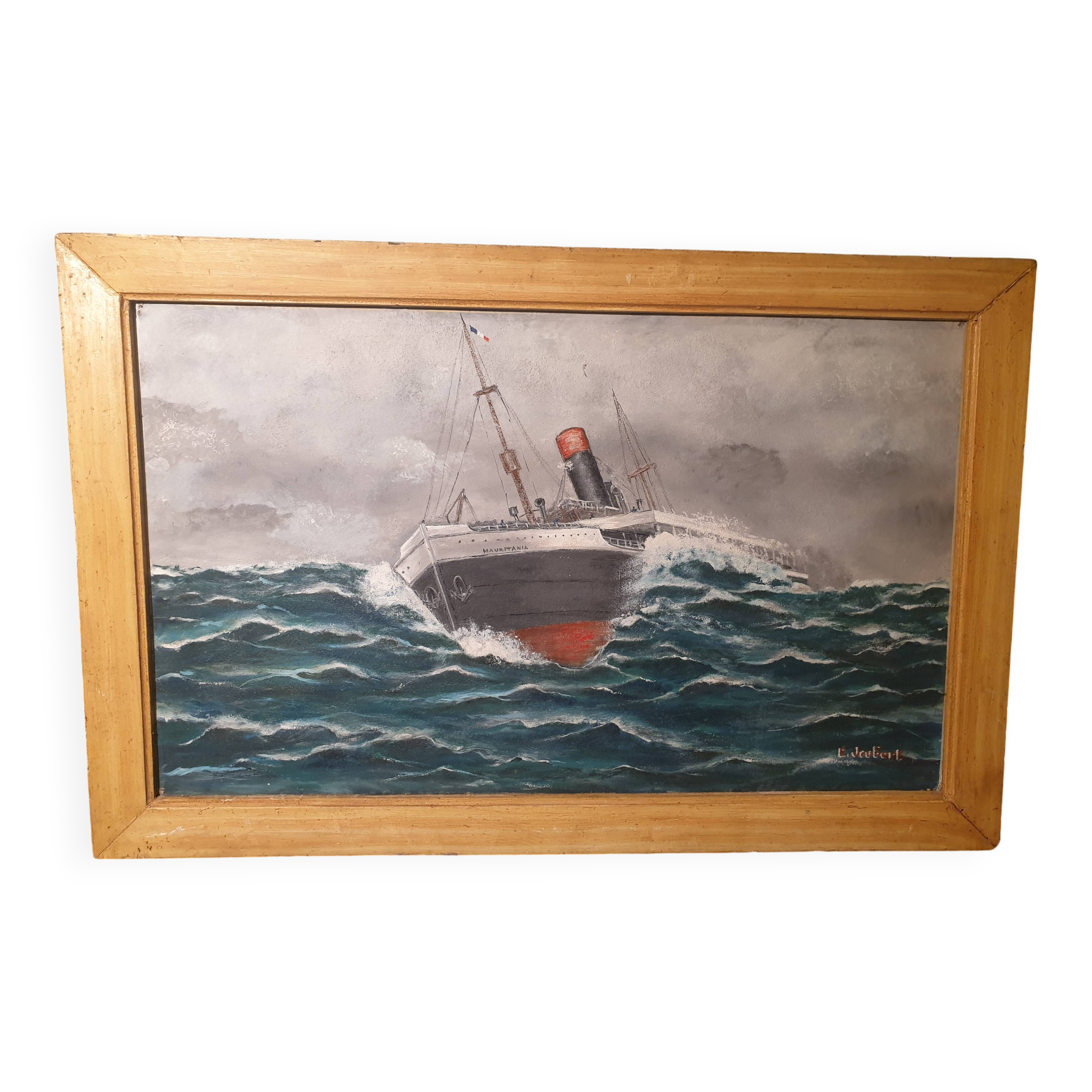 Grand tableau Huile sur isorel Paquebot Mauritania signé E Joubert