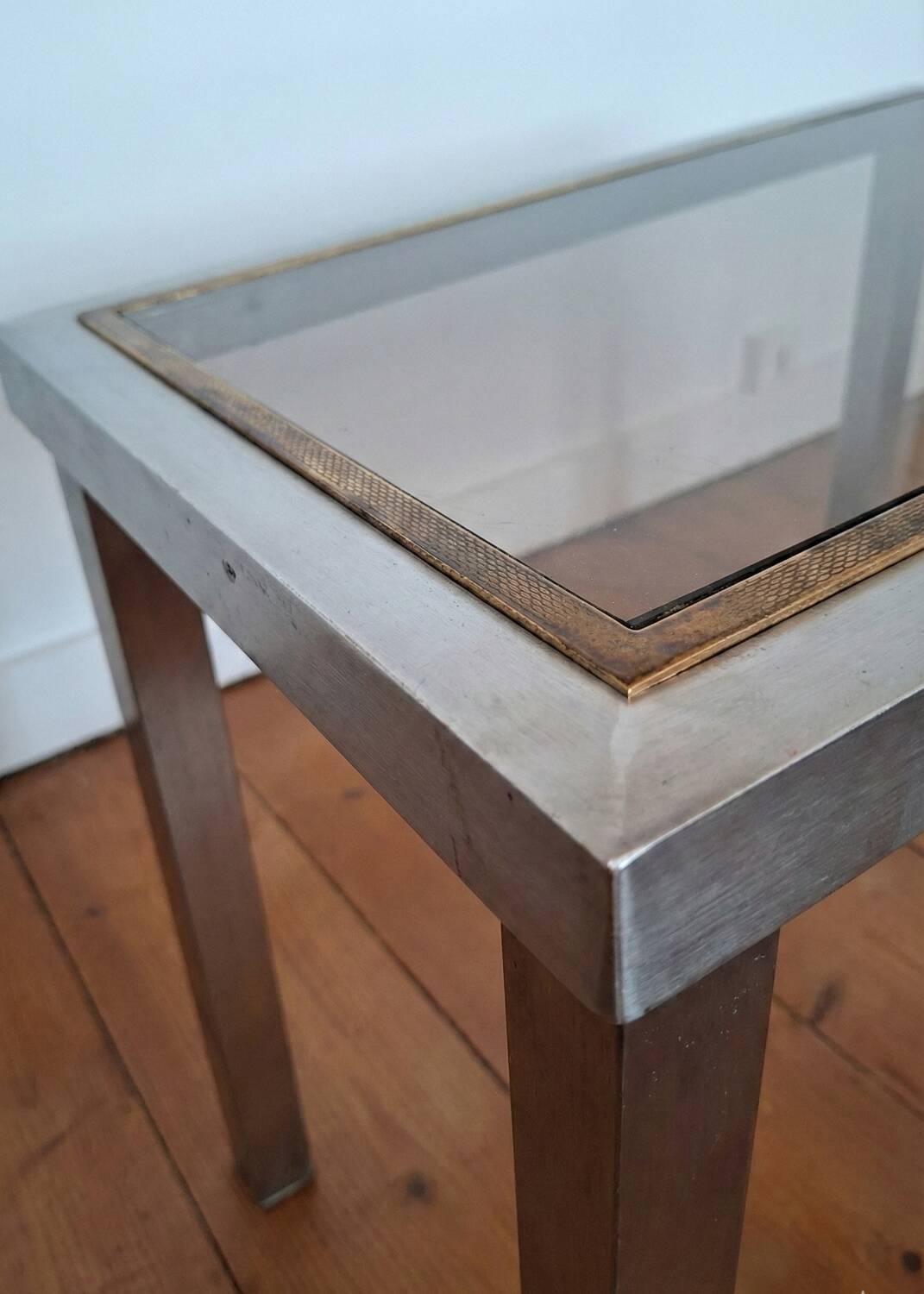 70s Design Side Table - Guy Lefèvre / Jansen - Steel & Brass