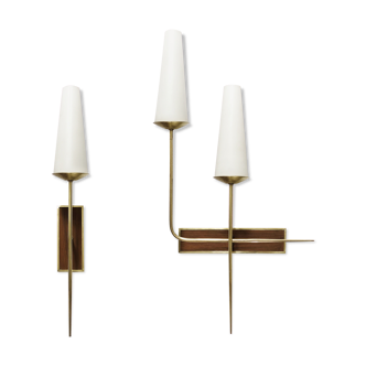 Pair of wall light from the 50s, Arlus or Lunel, in brass and wood.