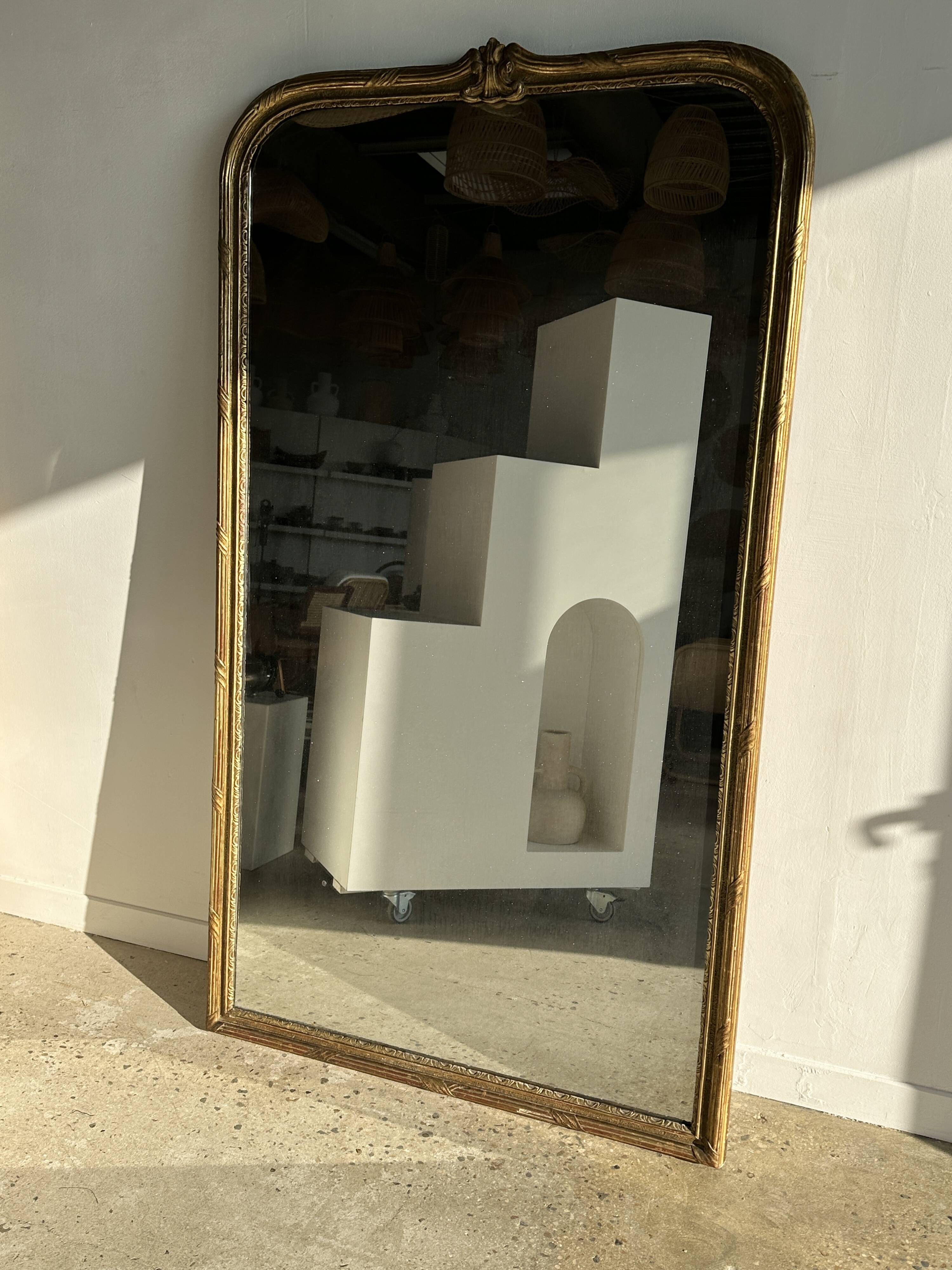 Large gilded mirror 19th century rounded corners mercury glass Louis XVI style