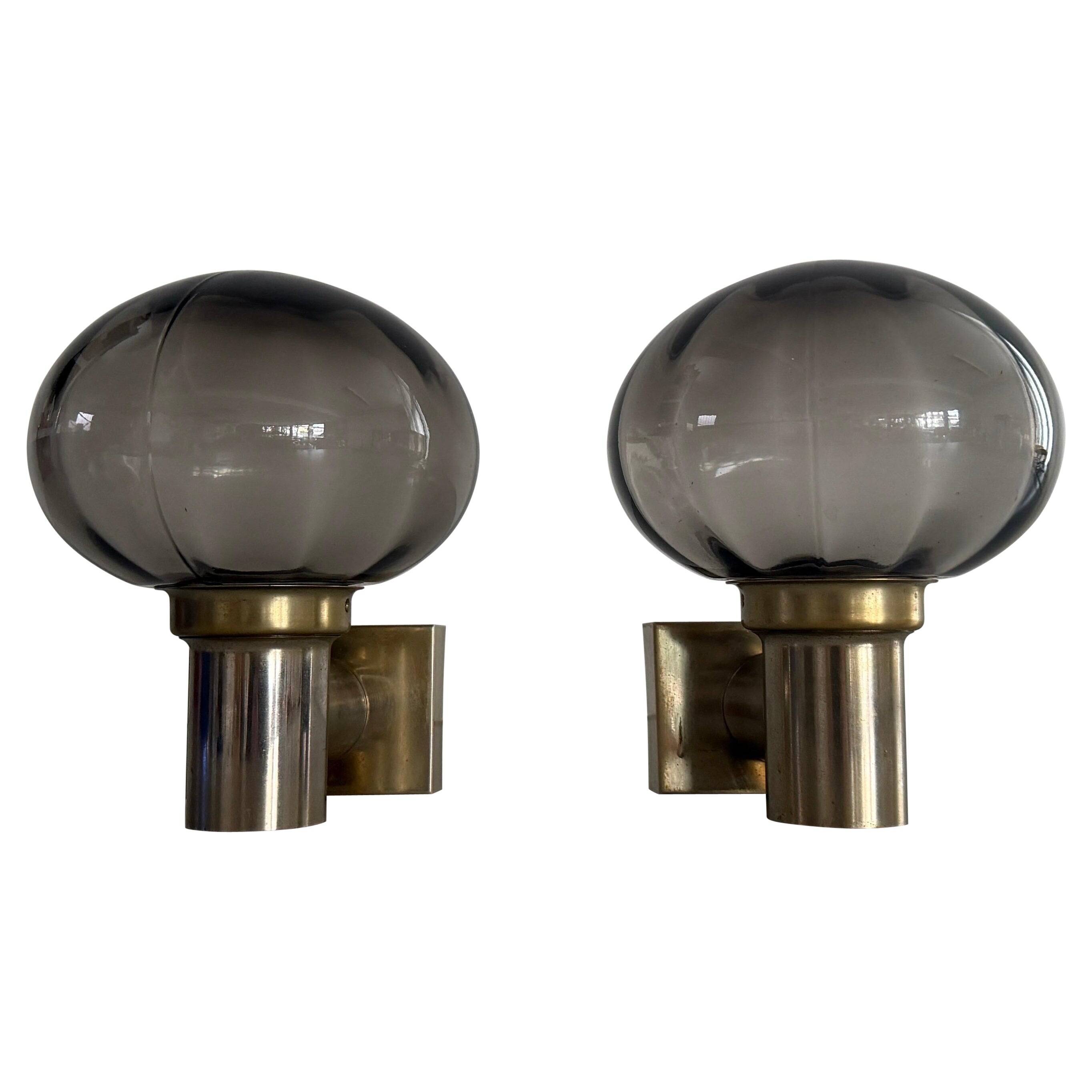 Pair of grey glass and chrome wall lights from the mid-century by N Leuchten, 1960s, Germany.