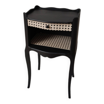 Revamped bedside table, side table, vintage console, black and canework