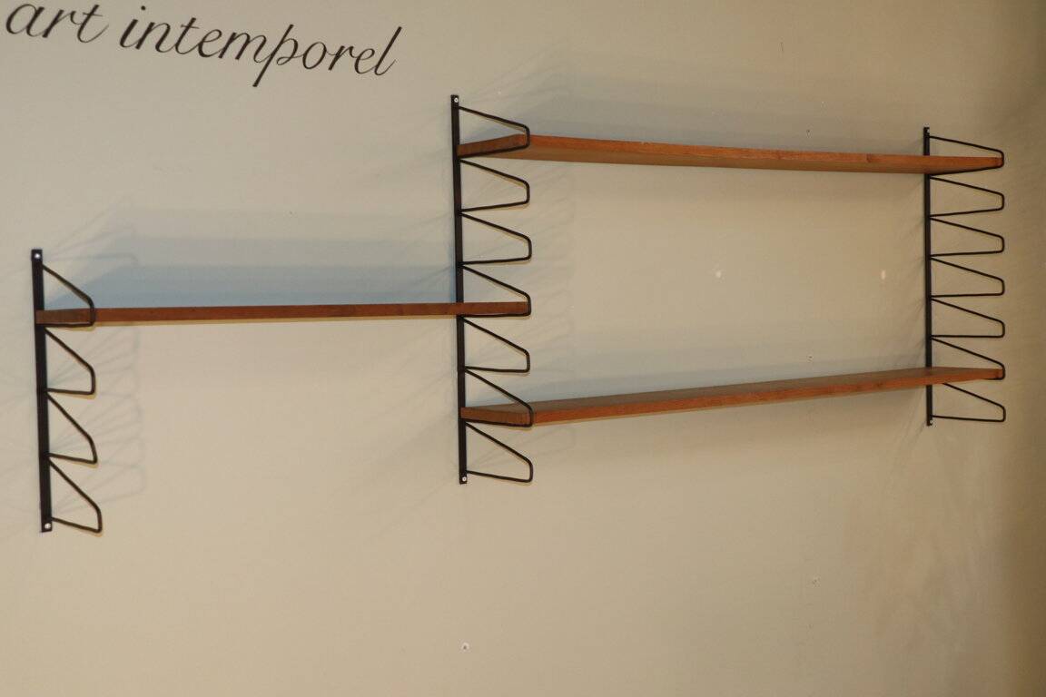 Vintage modular wall shelf in wood and metal, 1950s