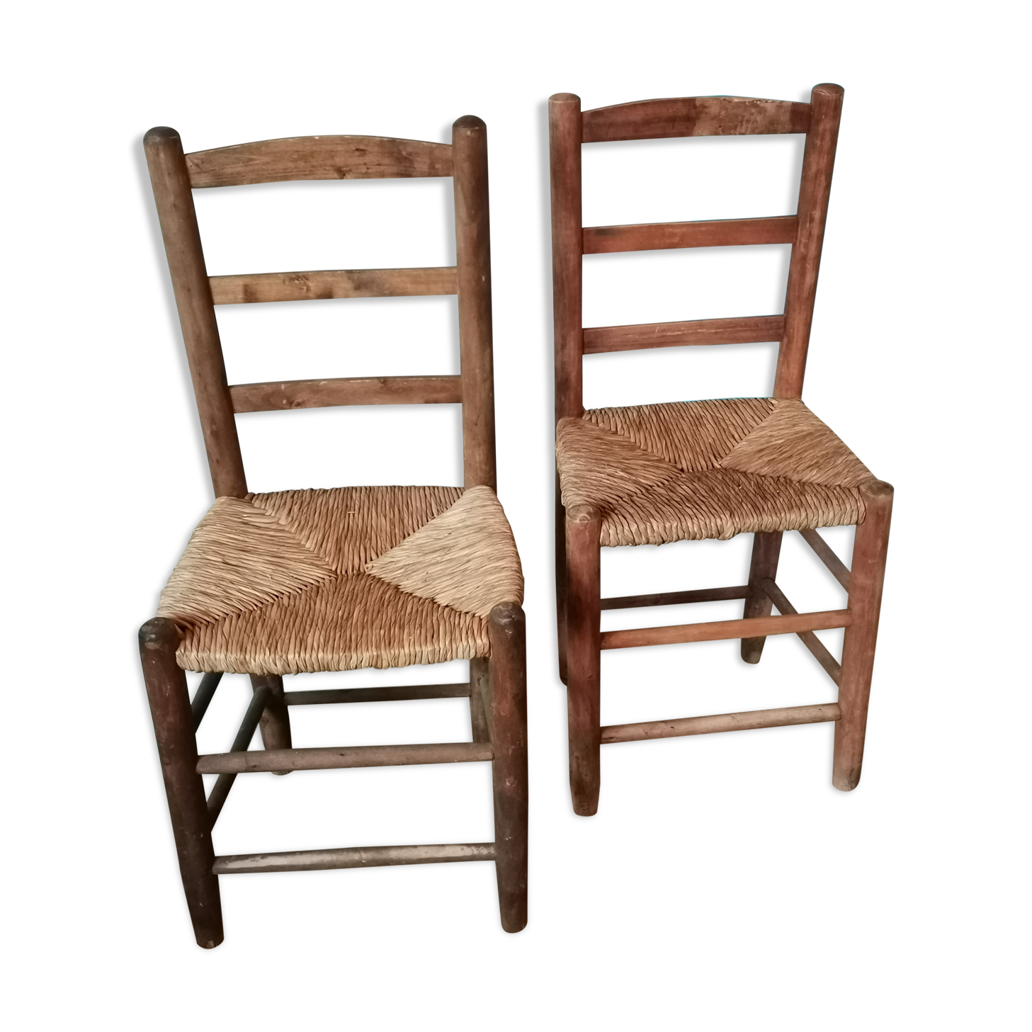 St of 2 raw wood and straw chairs