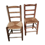 St of 2 raw wood and straw chairs