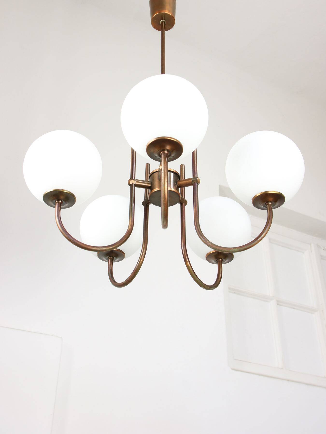 Vintage Italian Brass and Opaline Chandelier in Copper Color, 70s
